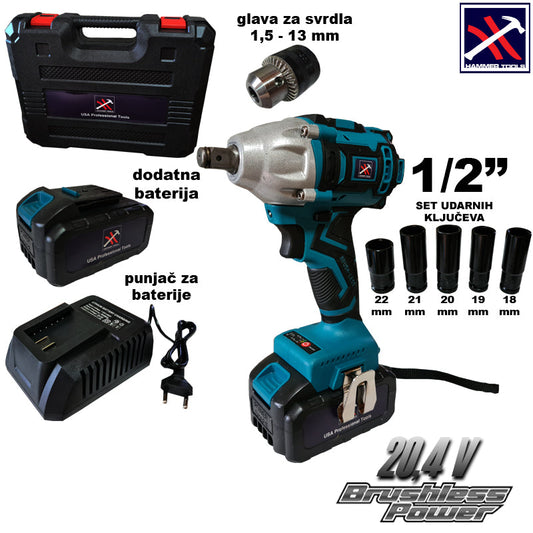 Hammer Tools Akumulátorový skrutkovač X2 Li-ion batérie + hlava pre vrtáky 1,5-13mm + 5 bitov 18,19,20,21,22mm