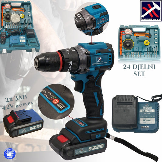 PRÍKLEPOVÁ VŔTAČKA 42V S 24 DIELMI HAMMER TOOLS